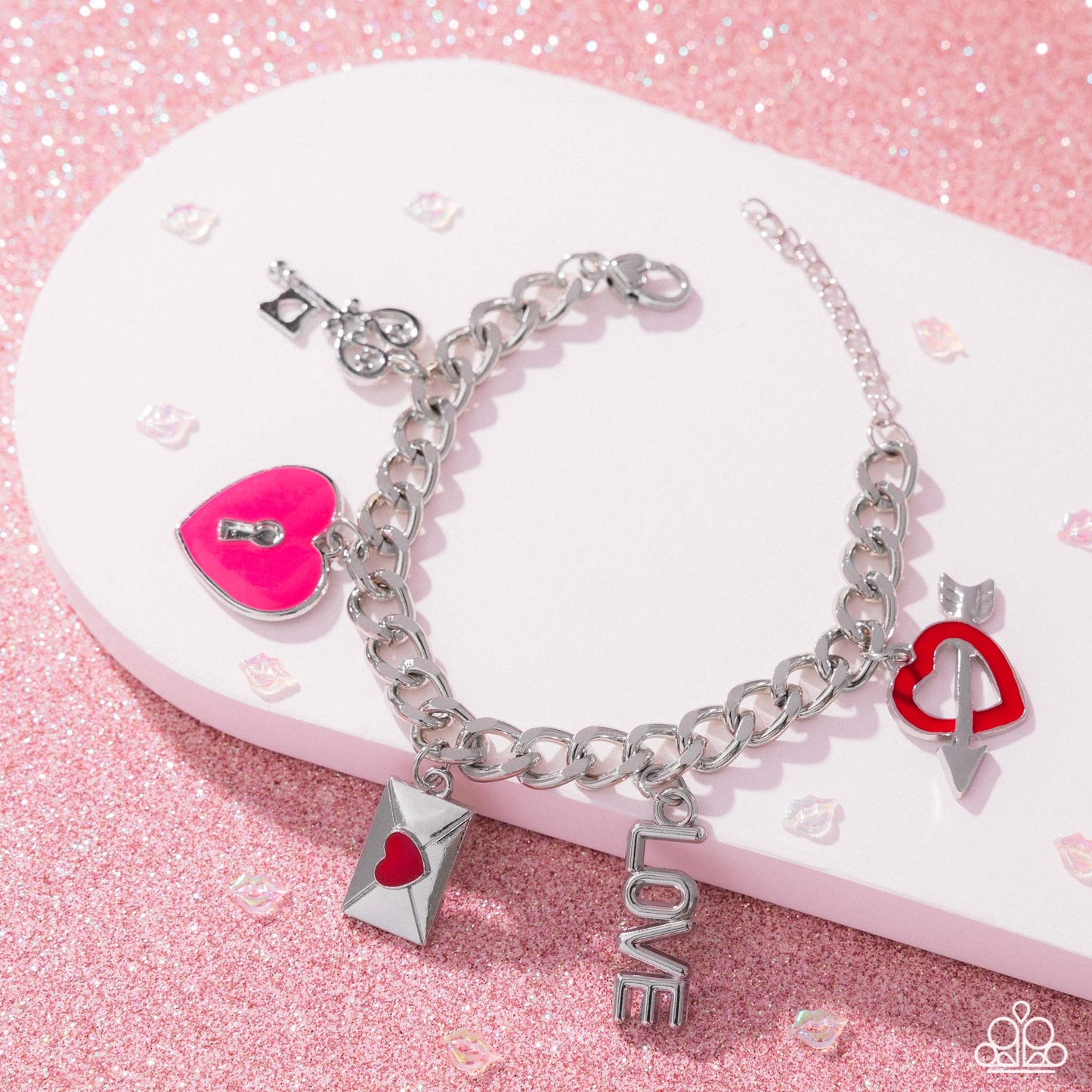 Valentines Variety - Multi Red, Pink Heart Silver Charm Bracelet Paparazzi B1976