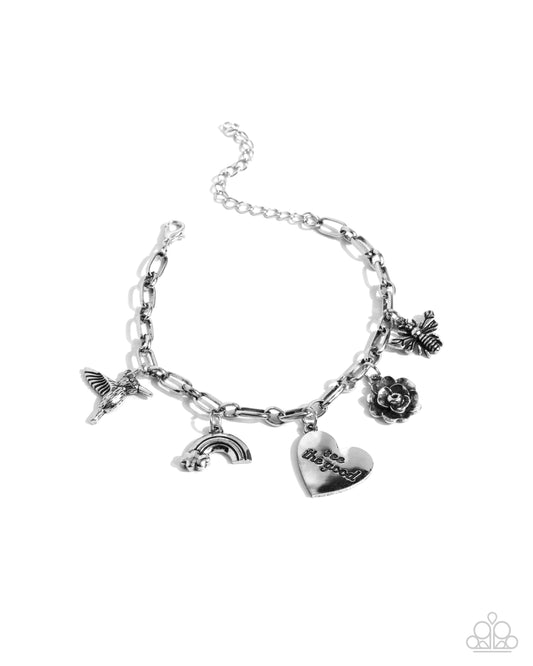 Positive Outlook - Silver - Antiqued Silver Charm Style Hummingbird, Heart, "see the good" Bracelet Paparazzi B2117