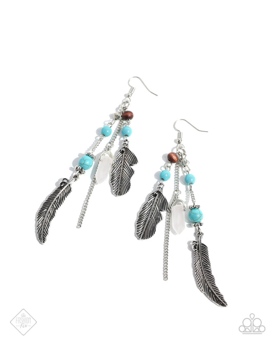 Restful Runway - Blue Turquoise Bead Silver Feather Simply Santa Fe Fashion Fix December 2024 Paparazzi E2503