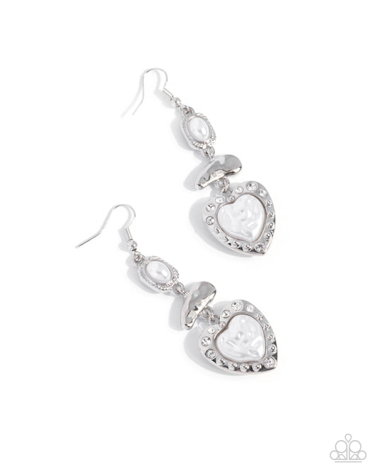 Feminine Feature - White Pearl Hammered Silver Heart Earring Paparazzi E3133
