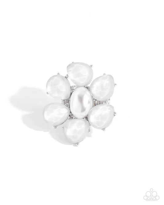 Glitter in the Air - White Glittery Resin Flower Ring Paparazzi R0884