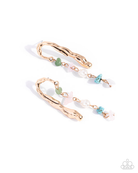 Suspended Sheen - Gold Hammered Finish Jade, Rose Quartz, Turquoise Stone & Pearl Bead Earring Paparazzi E2906