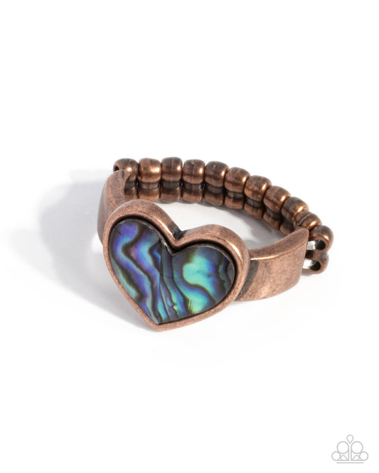 Uncontrollably Fond - Copper & Iridescent Faux Abalone Shell Heart Ring Paparazzi R1021