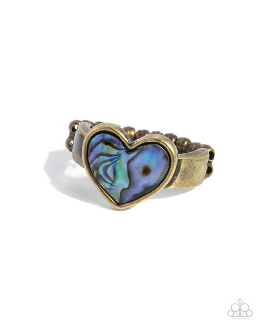 Uncontrollably Fond - Brass & Iridescent Faux Abalone Shell Heart Ring Paparazzi R0908