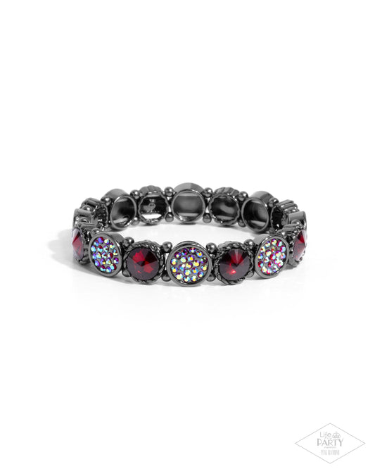 Take A Moment To Reflect - Red & Red Iridescent Rhinestone Gunmetal Stretch Bracelet Pink Diamond Encore Life Of The Party Paparazzi B2213