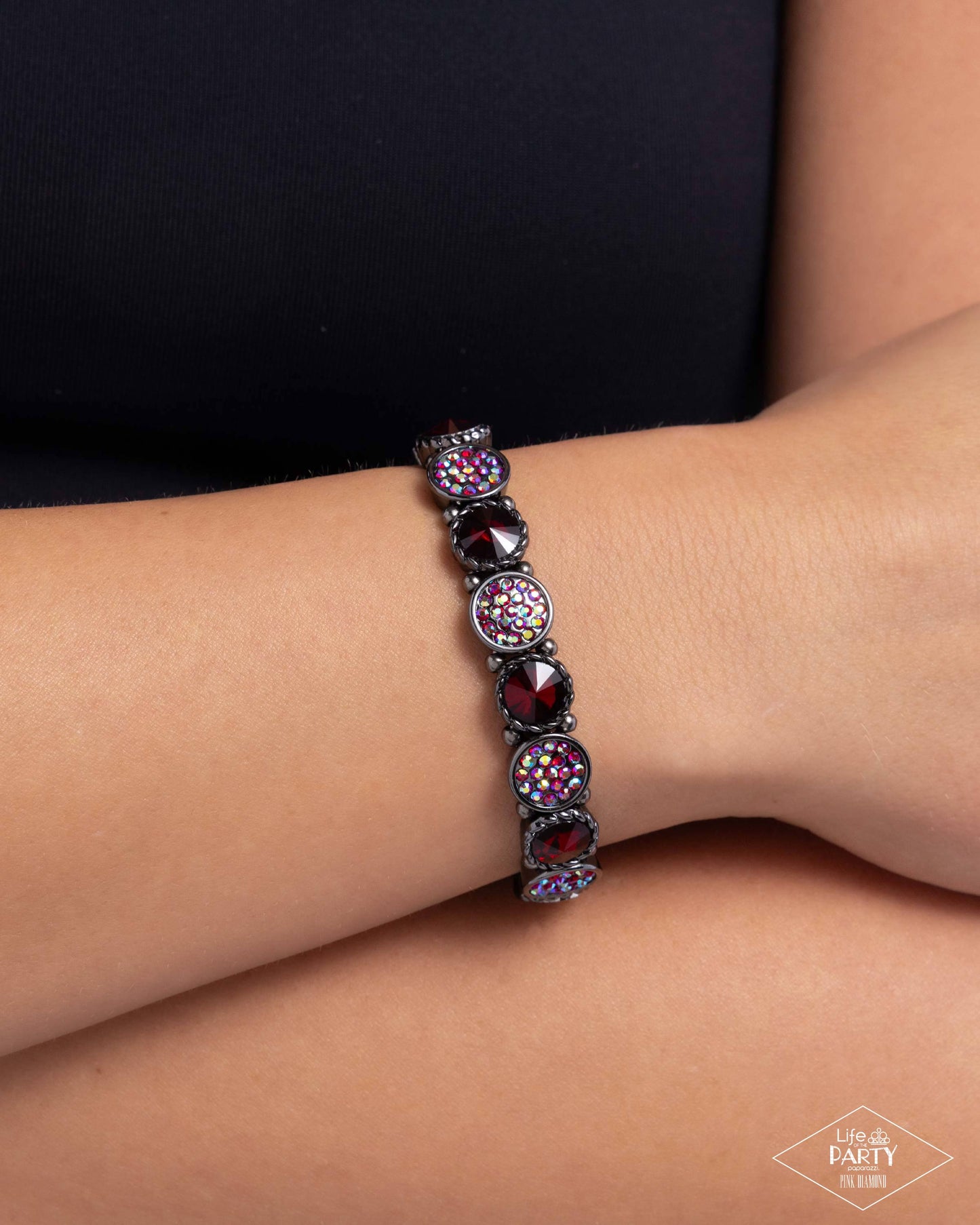 Take A Moment To Reflect - Red & Red Iridescent Rhinestone Gunmetal Stretch Bracelet Pink Diamond Encore Life Of The Party Paparazzi B2213