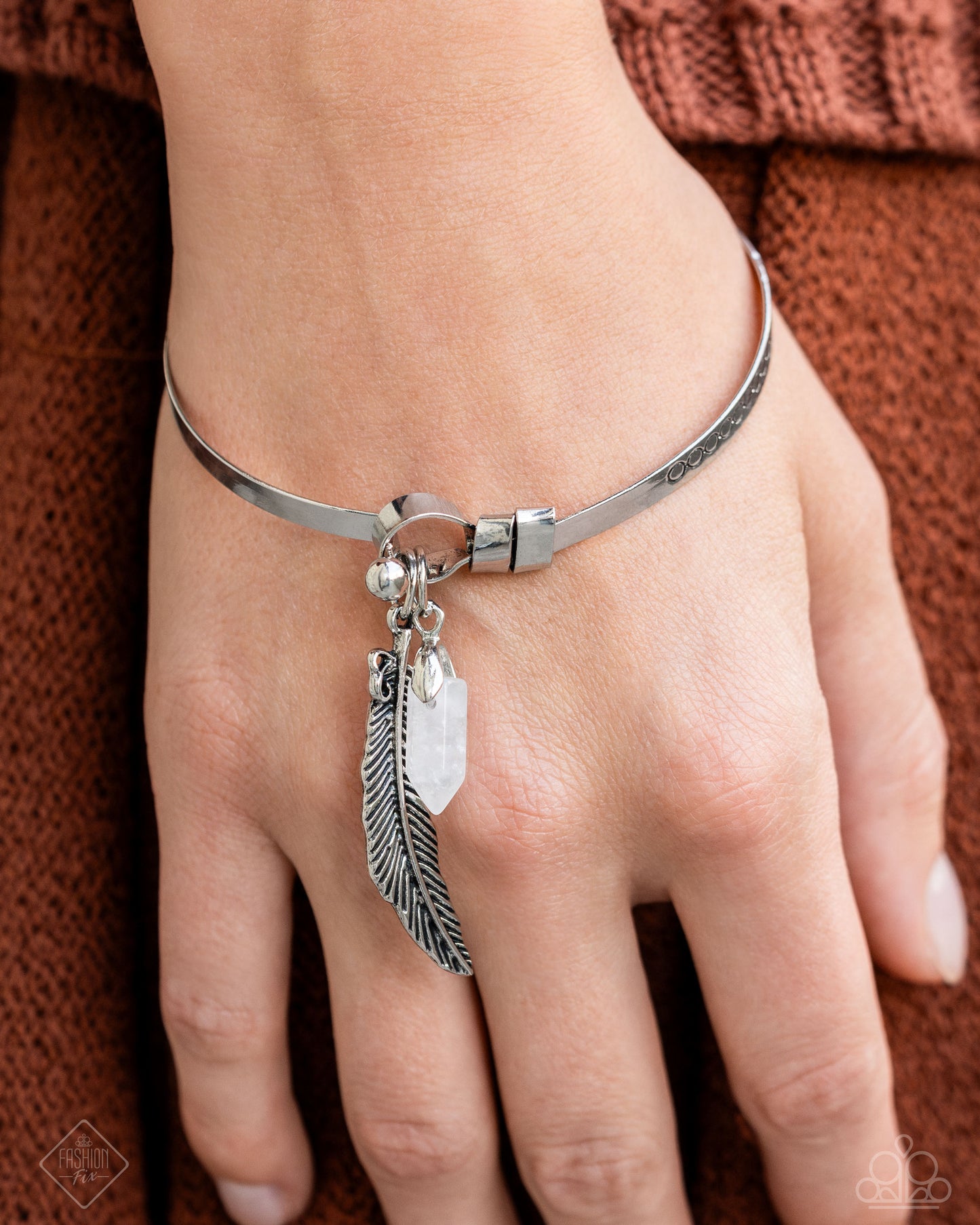 Restful Reunion - White Quartz Stone, Silver Feather Hook & Eye Closure Bracelet Simply Santa Fe Fashion Fix December 2024 Paparazzi