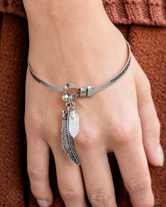 Restful Reunion - White Quartz Stone, Silver Feather Hook & Eye Closure Bracelet Simply Santa Fe Fashion Fix December 2024 Paparazzi B2405