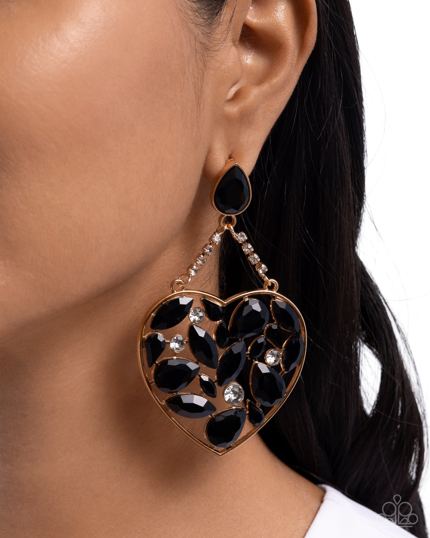 Glittery Gait - Black Gem & White Rhinestone Heart Earring Paparazzi E2750