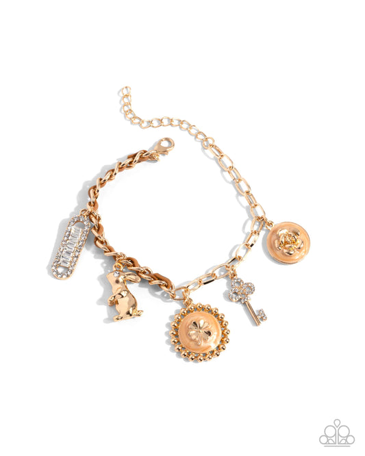 Velveteen Rabbit - Brown - Light Brown Pearl, Gold Rabbit, Key Charm Curb Chain Bracelet Paparazzi B1919