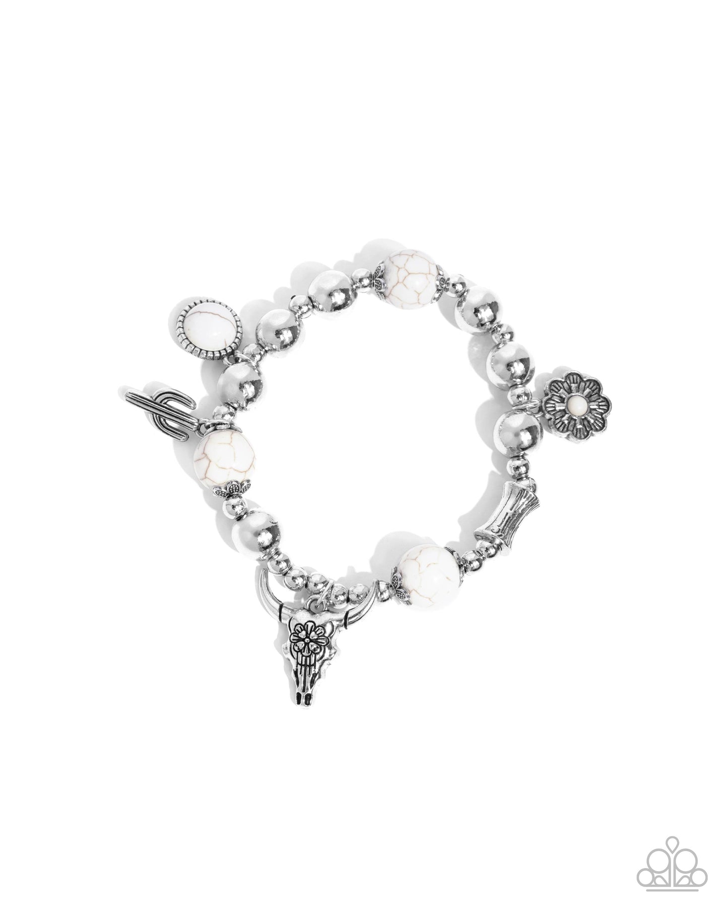 Western Welcome - White Stone Silver Wester Charm Cactus, Longhorn Skull Santa Fe Style Stretch Bracelet Paparazzi