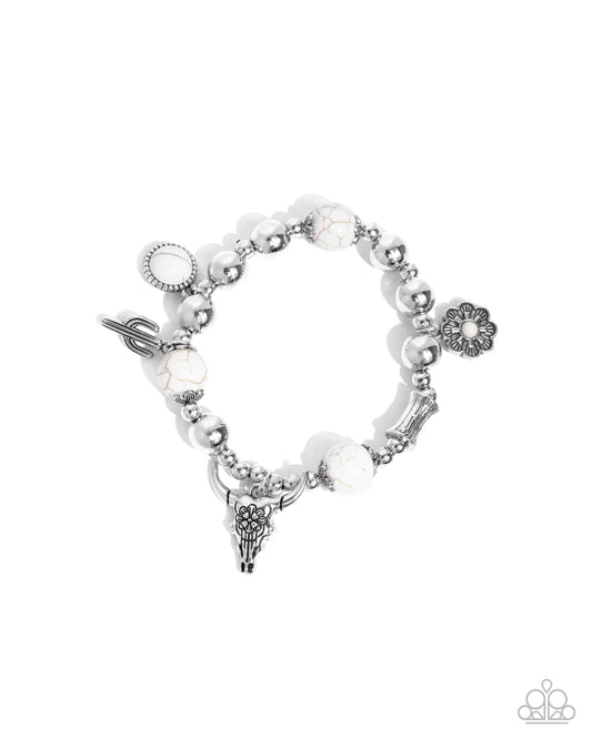Western Welcome - White Stone Silver Wester Charm Cactus, Longhorn Skull Santa Fe Style Stretch Bracelet Paparazzi B2090