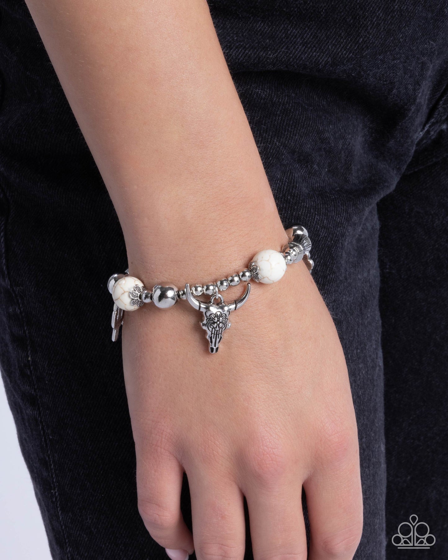 Western Welcome - White Stone Silver Wester Charm Cactus, Longhorn Skull Santa Fe Style Stretch Bracelet Paparazzi