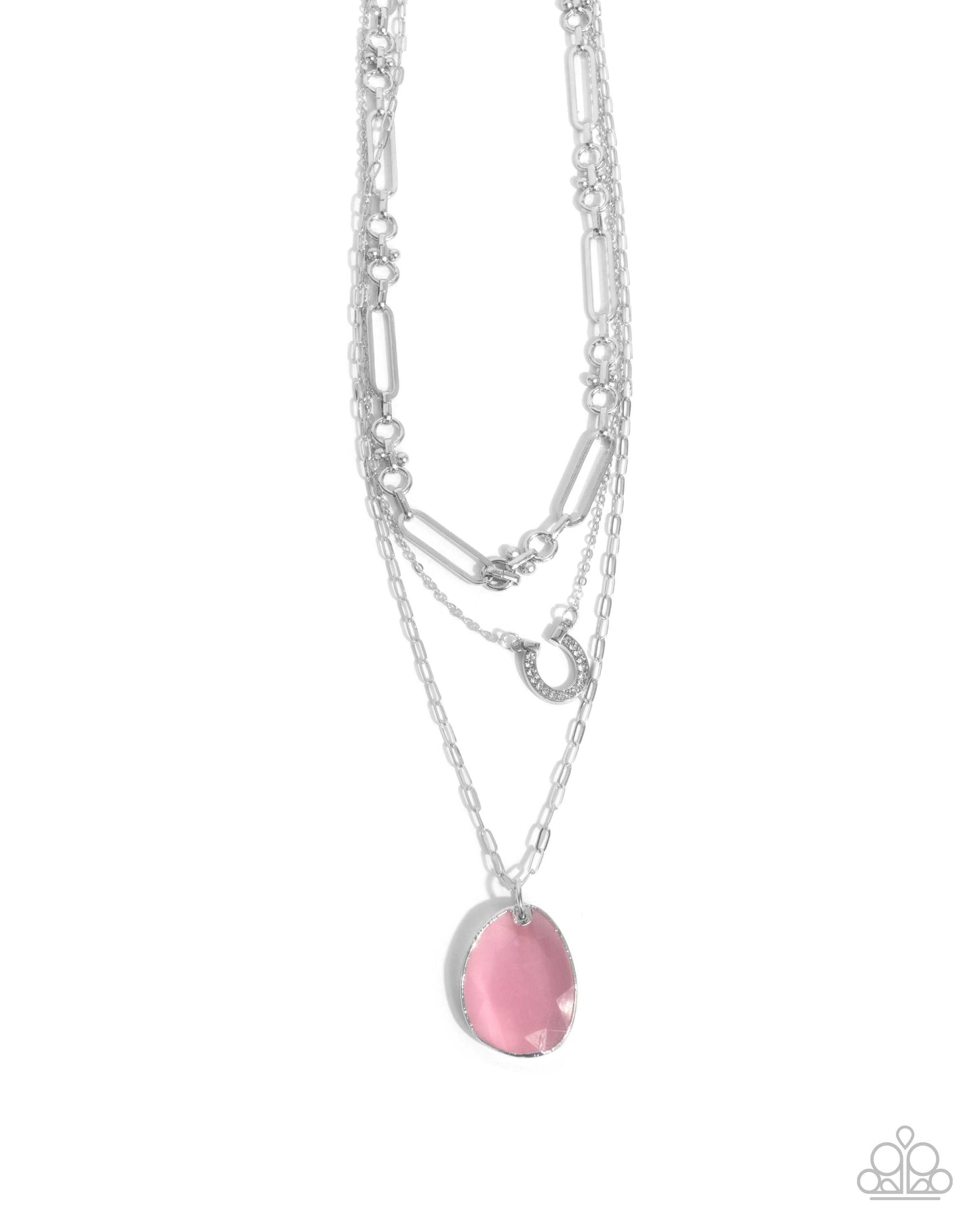 Western Wheelhouse - Pink Teardrop Pendant Silver Horseshoe Layered Necklace Paparazzi