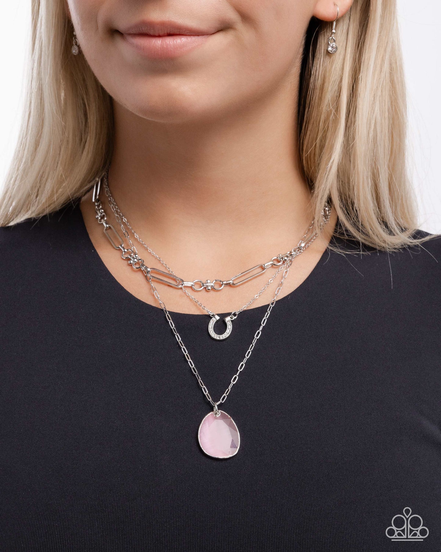 Western Wheelhouse - Pink Teardrop Pendant Silver Horseshoe Layered Necklace Paparazzi
