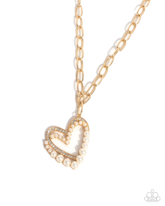 Introducing Me - Gold Pearl Heart & Paperclip Chain Necklace Paparazzi N3262