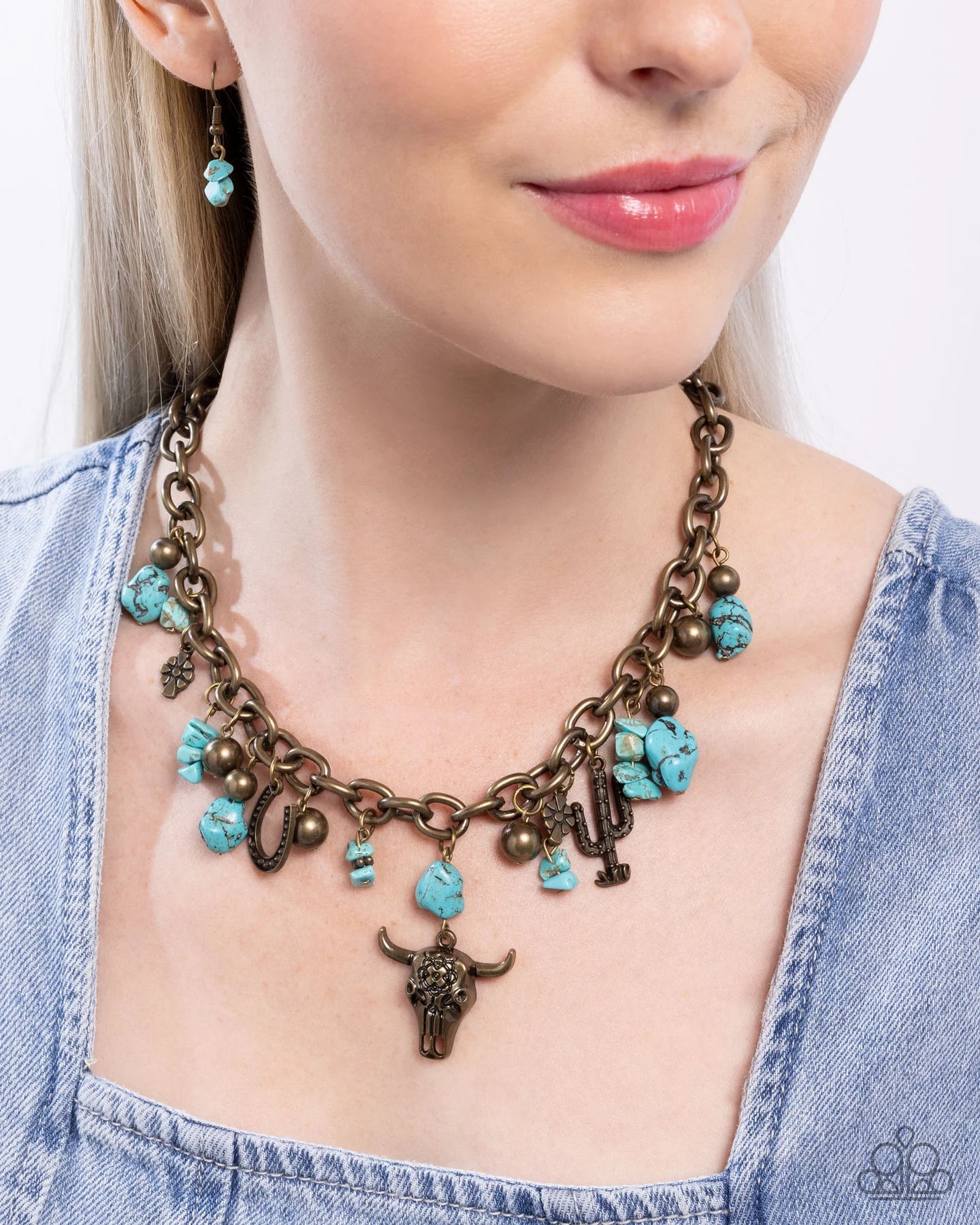 Wild West Whimsey Brass & Blue Turquoise Stone Santa Fe Style Necklace Paparazzi N2630