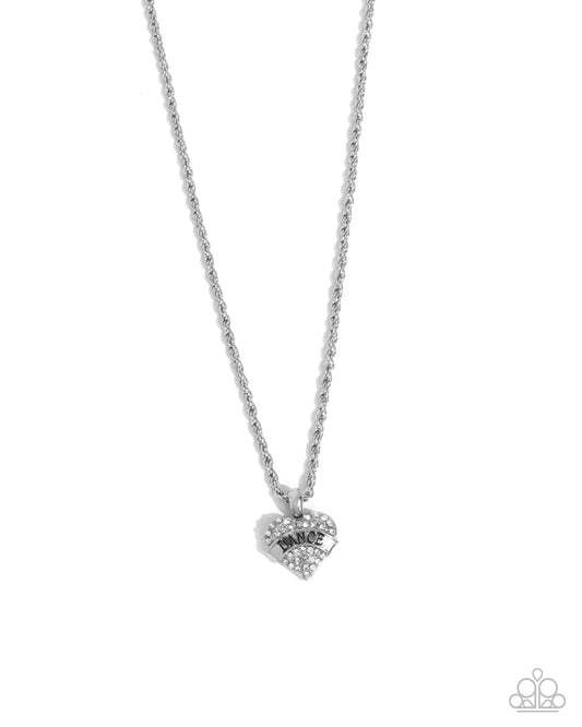 Dance Off! - White Rhinestone Silver Heart "DANCE" Necklace Paparazzi N1927