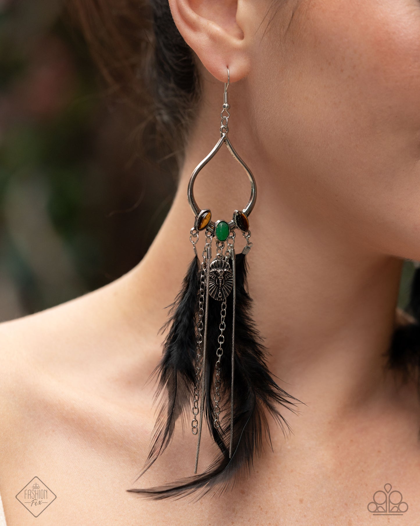 Living on the Wild Side - Multi Jade, Tiger Eye Stone Long Feather Earrings Sunset Sightings Fashion Fix February 2025 Paparazzi