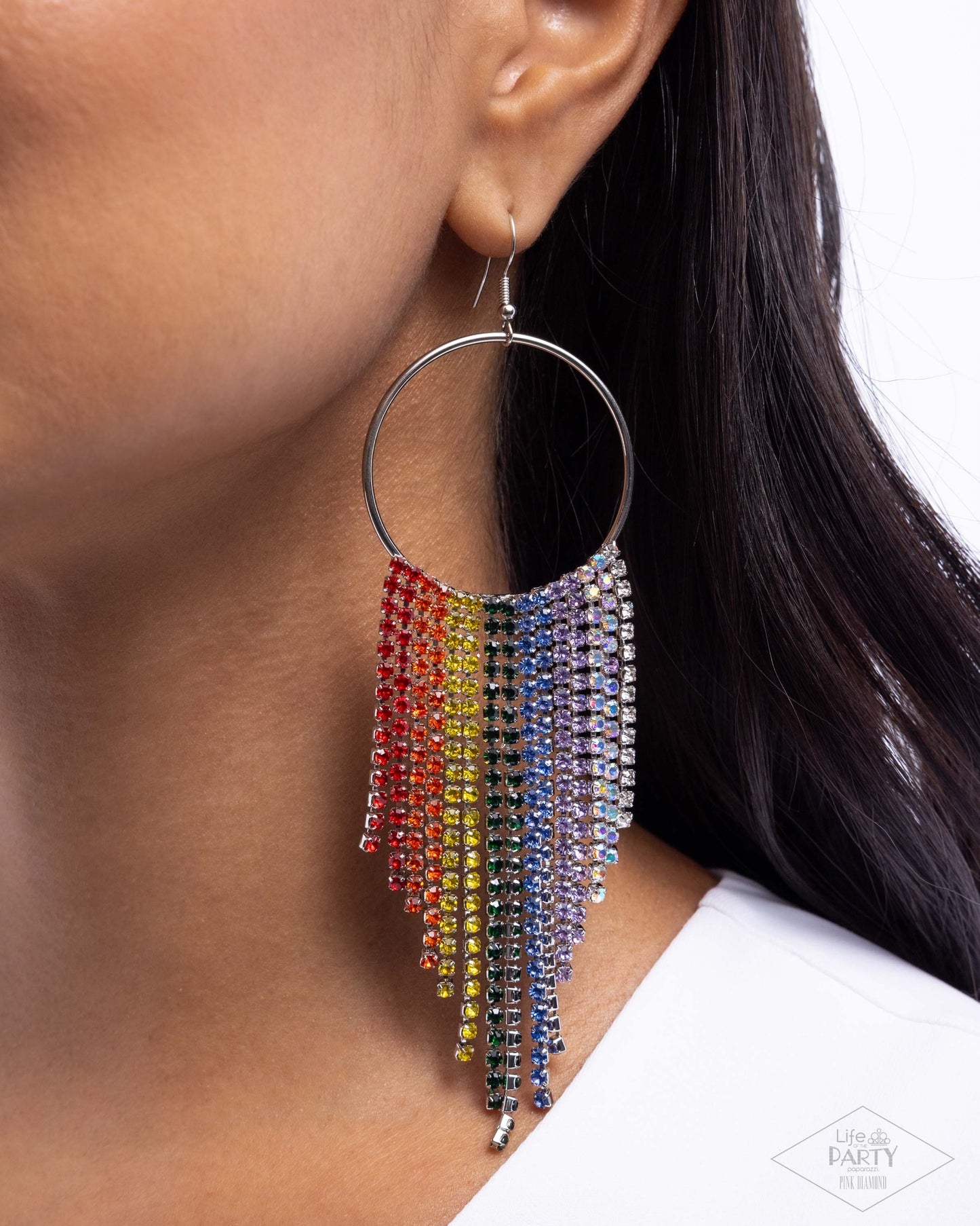Streamlined Shimmer - Multicolored & Iridescent Rainbow Rhinestone Chandelier Earring Life Of The Party Pink Diamond Release Paparazzi E2648