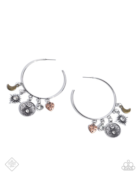 What A Find! - Multi Silver 2 Inch Hoop Charm Style Earring Sunset Sightings Fashion Fix January 2025 Paparazzi E2844