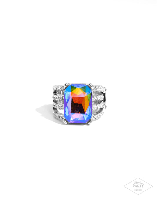 Expect Heavy REIGN - Multicolored UV Shimmery Gem & White Rhinestone Ring Life of The Party Pink Diamond Exclusive Paparazzi R1059