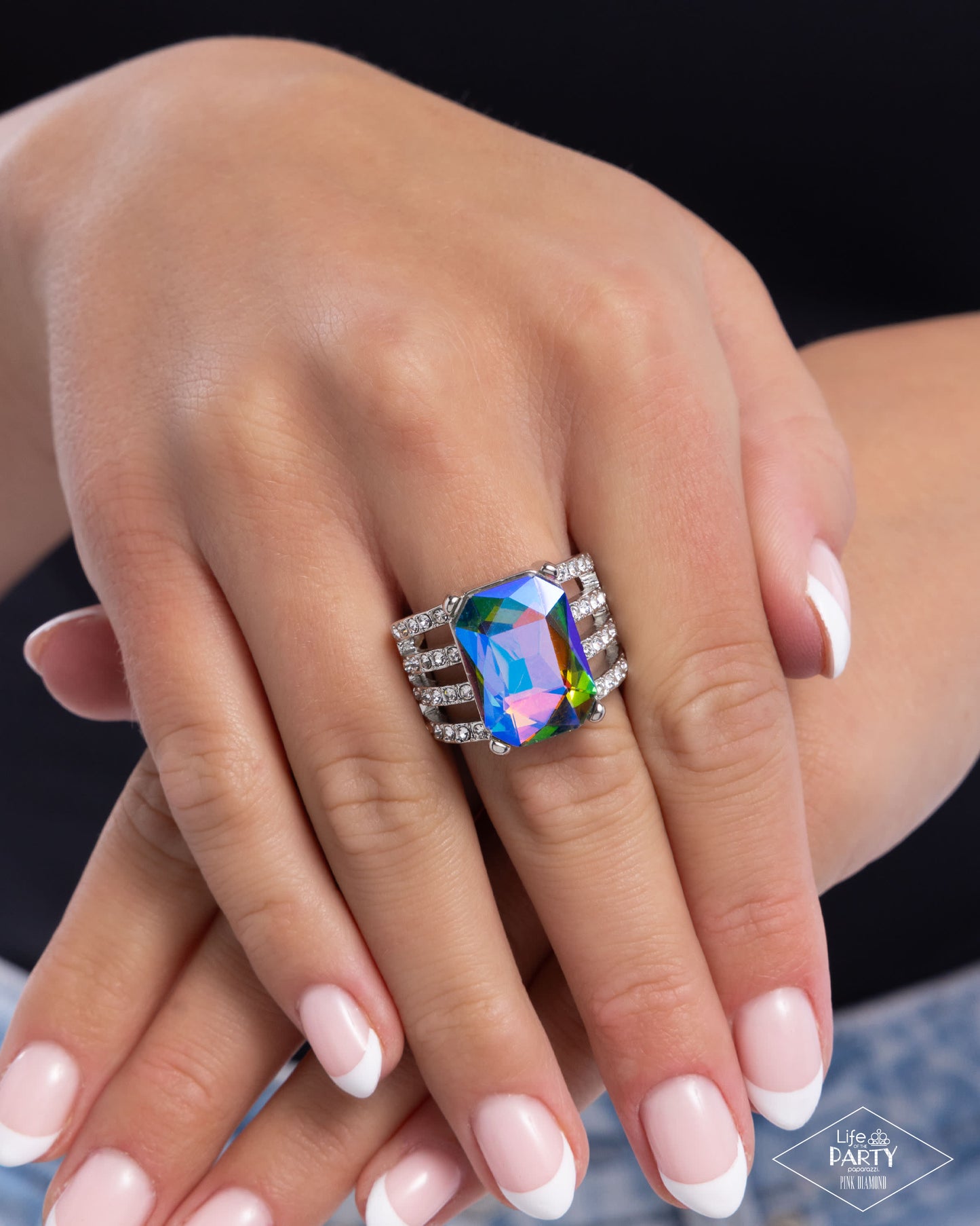 Expect Heavy REIGN - Multicolored UV Shimmery Gem & White Rhinestone Ring Life of The Party Pink Diamond Exclusive Paparazzi R1059