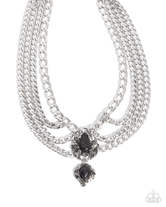 Laurel Layover - Black Marbled Teardrop Stone & Silver Layered Curb Chain Necklace Paparazzi N3120