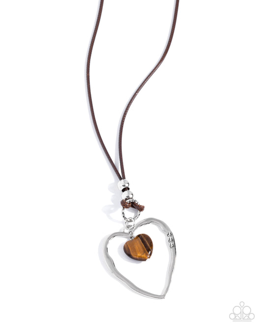 Lovely to Sit With You - Brown Tigers Eye Stone Silver Heart Necklace Paparazzi N3277
