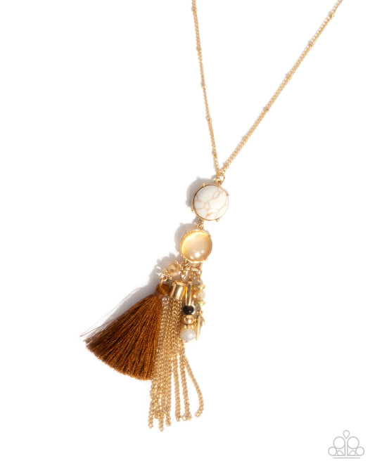 Pampered Panache - Gold Chain, Brown Cat's Eye Stone, Shimmery Bead & Brown Threaded Tassel Santa Fe Style Necklace Paparazzi N2960