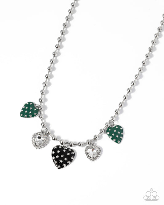 Paparazzi Mutual Affection - Multi Green & Silver Heart Charm Necklace N2532