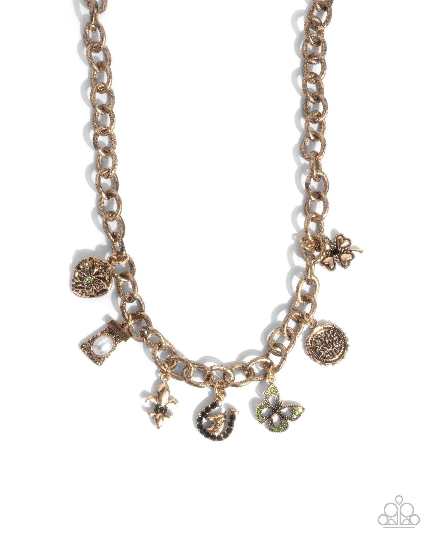 Good Luck To You - Green Emerald Rhinestone Clover & Antiqued Gold Charm Necklace Paparazzi N2963