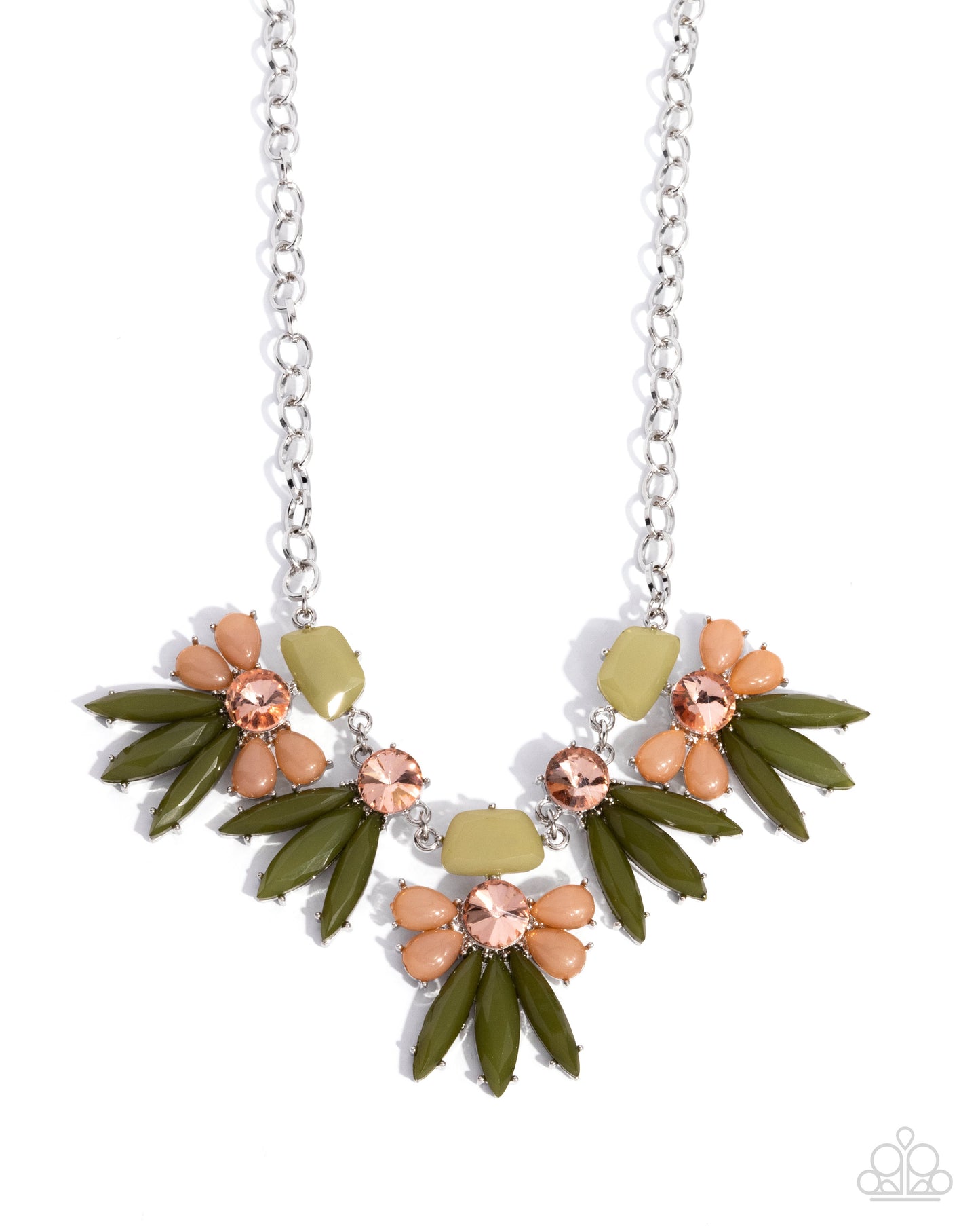 Folklore Flair - Green - Olive Green, Tomato Cream & Fern Bead Floral Necklace Paparazzi