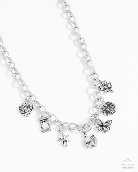 Good Luck To You - White Rhinestone Silver Luck Inspired & Butterfly Charm Style Necklace Paparazzi N3072