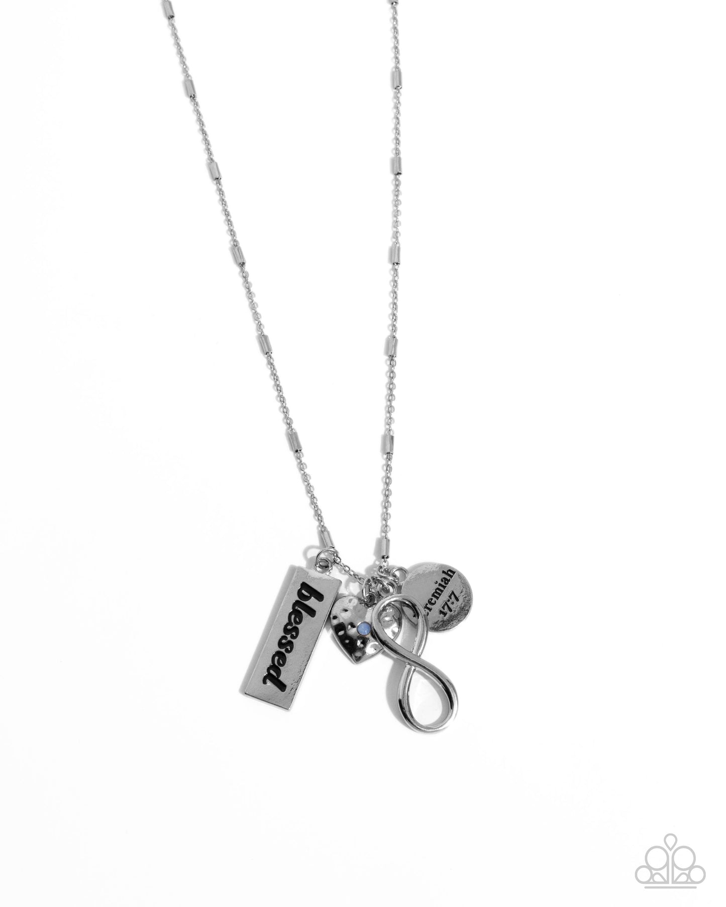 Confidence in Him - Blue Gem Silver Charm Style Faith Verse Jeremiah 17:7, "Blessed" Infinity Sign, Necklace Paparazzi N2990