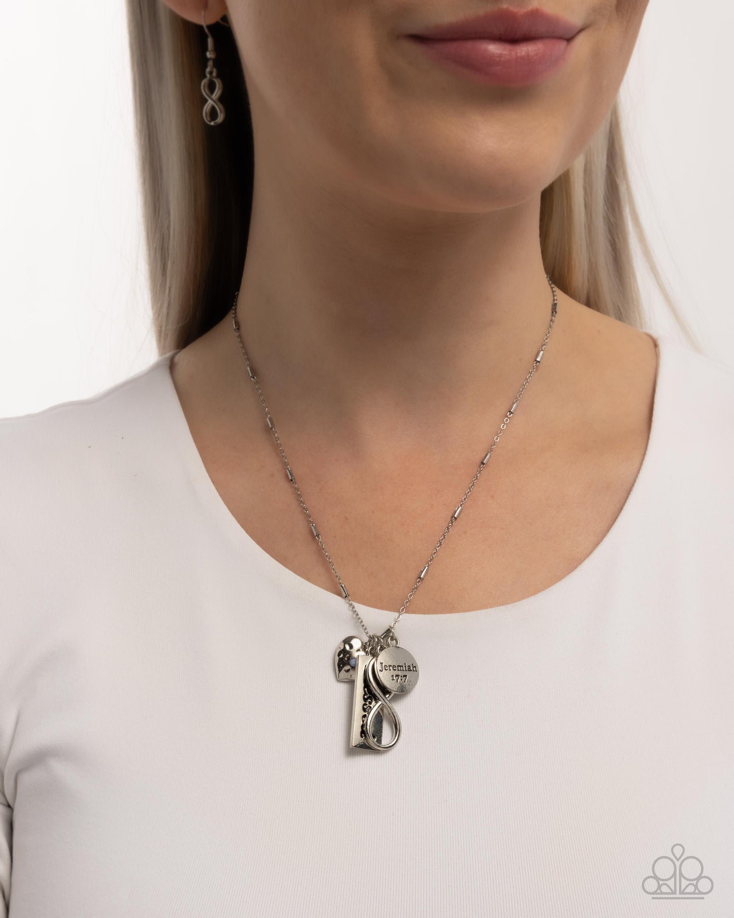Confidence in Him - Blue Gem Silver Charm Style Faith Verse Jeremiah 17:7, "Blessed" Infinity Sign, Necklace Paparazzi N2990