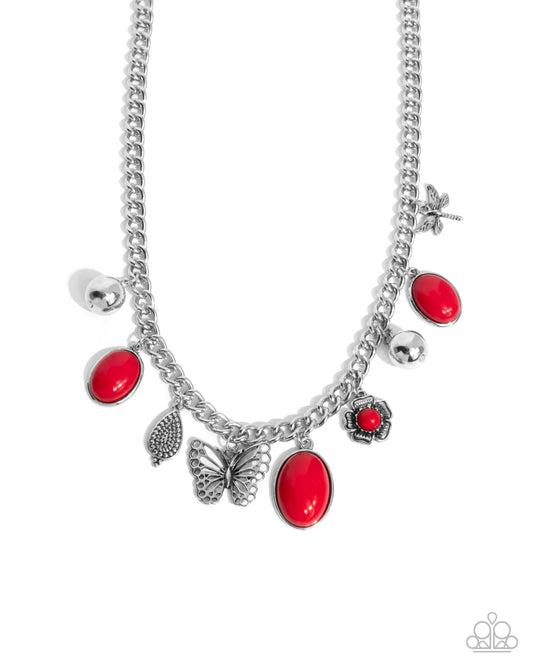 Garden Center - Red Bead, Silver Charm Butterfly, Dragonfly, Flower Necklace Paparazzi N3456