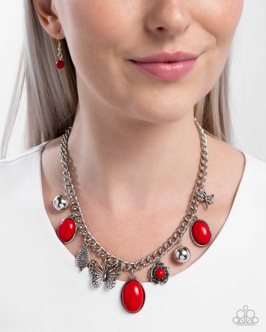 Garden Center - Red Bead, Silver Charm Butterfly, Dragonfly, Flower Necklace Paparazzi N3456