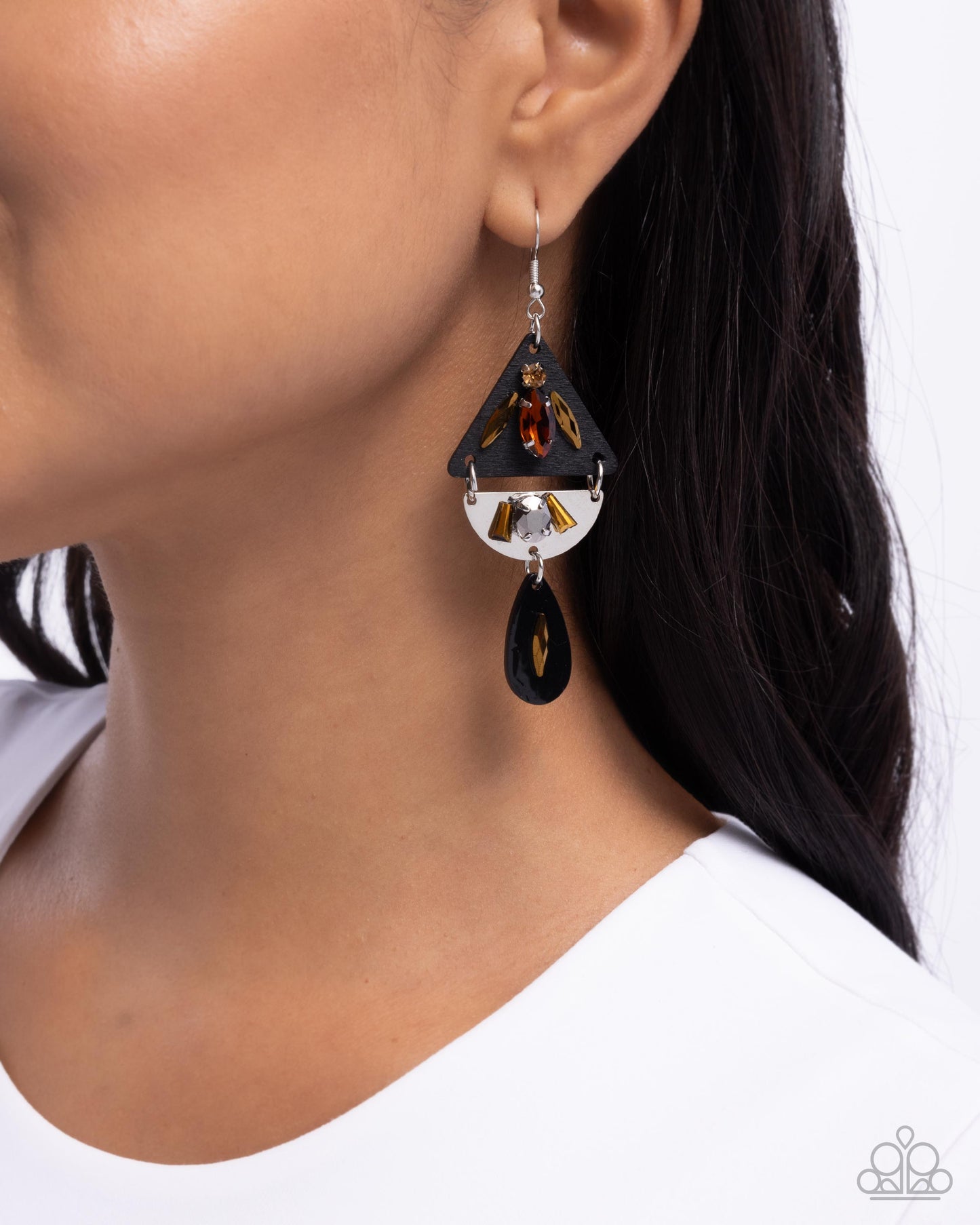 Abstract Articulation - Black Frame & Topaz, Aurum, Smoked Topaz, Hematite Rhinestone Earring Paparazzi E2573
