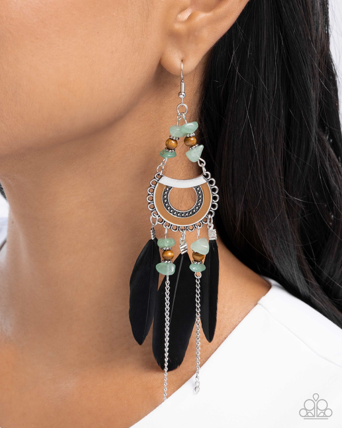 Serene Stage - Green Jade Stone & Black Feather Santa Fe Style Earring Paparazzi E2776