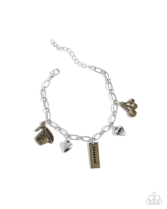 Glass Half Full Haute - Multi Silver & Brass Measuring Spoon, Cup Inspirational "blessed" Charm Bracelet Paparazzi B1951