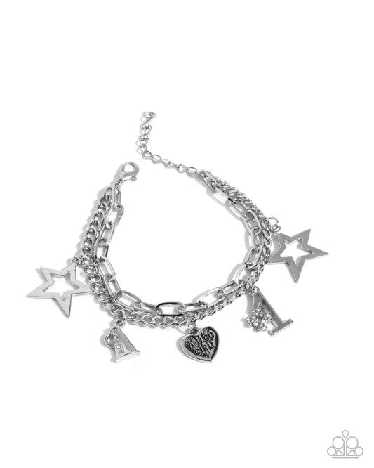 Team Spirit - White Rhinestone Megaphone, #1, Inspirational "You Go Girl" Bracelet Paparazzi B2039