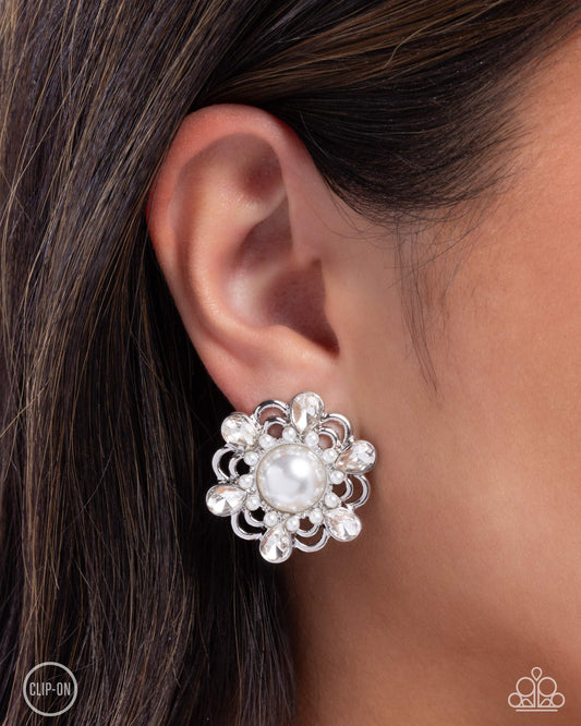 Relatable Radiance - White Pearl & Rhinestone Floral Clip-On Earring Paparazzi E2699