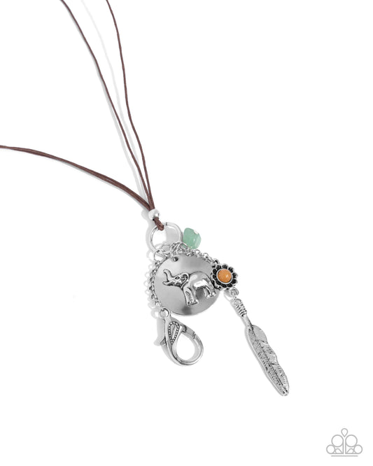 Paparazzi Free-Spirited Fate - Multi Silver Elephant Pendant, Silver Flower, Feather Lanyard Necklace N3319