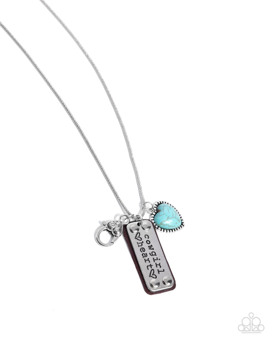 Paparazzi Heart of a Cowgirl - Blue Turquoise Stone Heart & Silver Plate Stamped "cowgirl heart" Lanyard Necklace Santa Fe Style N0163