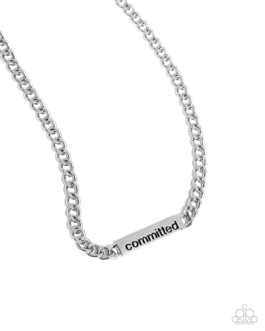Fully Committed - Silver Curb Chain Stamped With "committed" Urban Necklace Paparazzi N3512