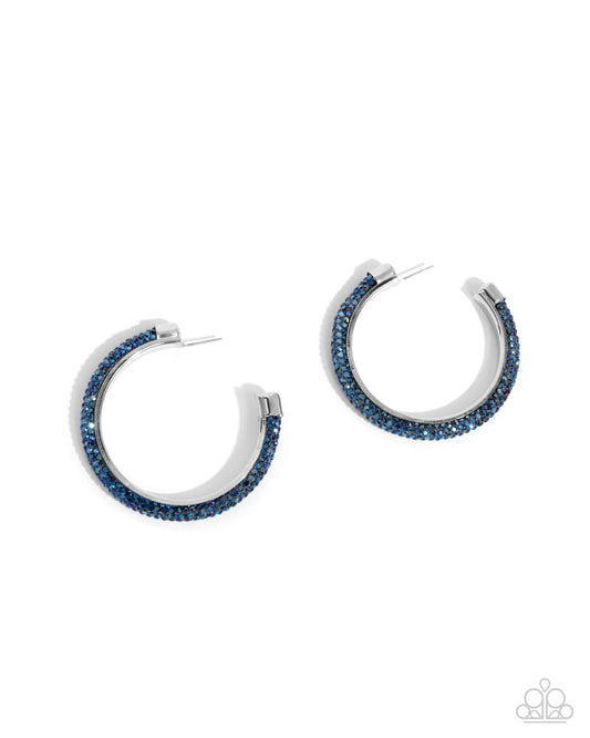 Chiseled Crescendo - Blue Chiseled Rhinestone Silver 2 1/2 Inch Hoop Earring Paparazzi E2419