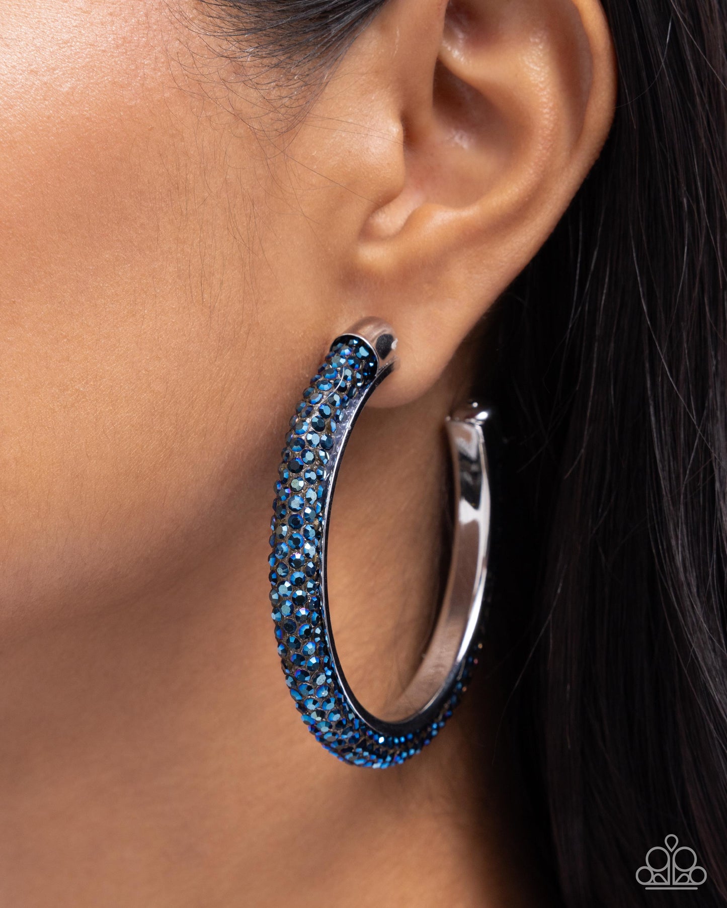 Chiseled Crescendo - Blue Chiseled Rhinestone Silver 2 1/2 Inch Hoop Earring Paparazzi E2419