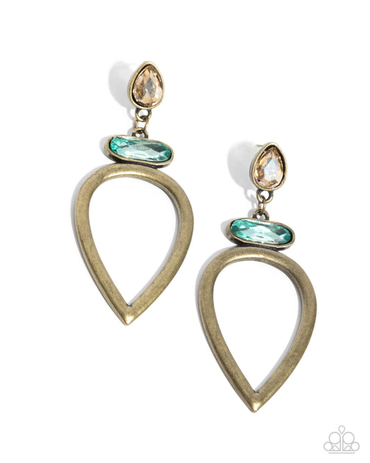 Cultured Chic - Brass, Light Topaz & Blue Gem Teardrop Earring Paparazzi E2807