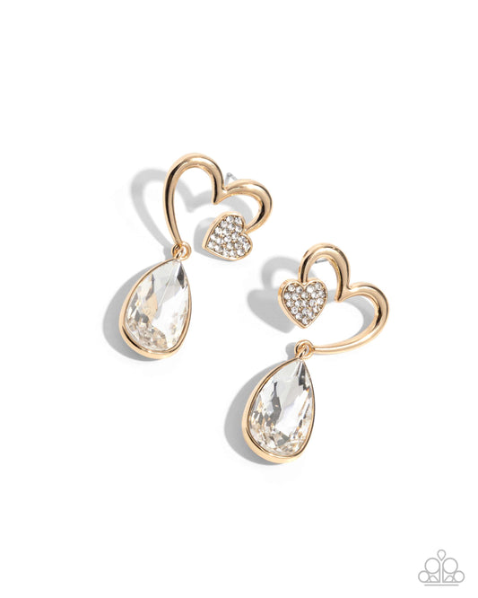 Coupling Up - Gold Heart & White Rhinestone Post Earring Paparazzi E2576